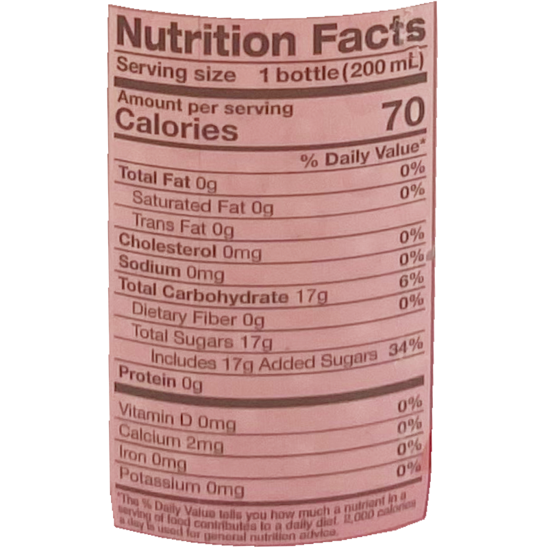 This soda contains 70 calories per 200ml bottle. It has no fat, cholesterol, or sodium. It provides 17g of total carbohydrates, all of which are sugars, and includes 17g of added sugars. It also contains small amounts of calcium and iron.