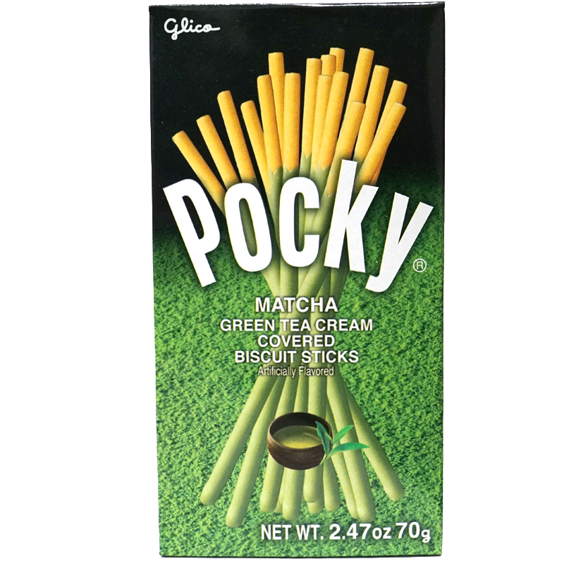 Front view of package. The packaging features an elegant display of the matcha green tea-coated biscuit sticks, highlighting their slender and sophisticated design. The background enhances the product's appeal with a traditional yet modern aesthetic, making it ideal for enjoying as a special treat or gifting to green tea enthusiasts.