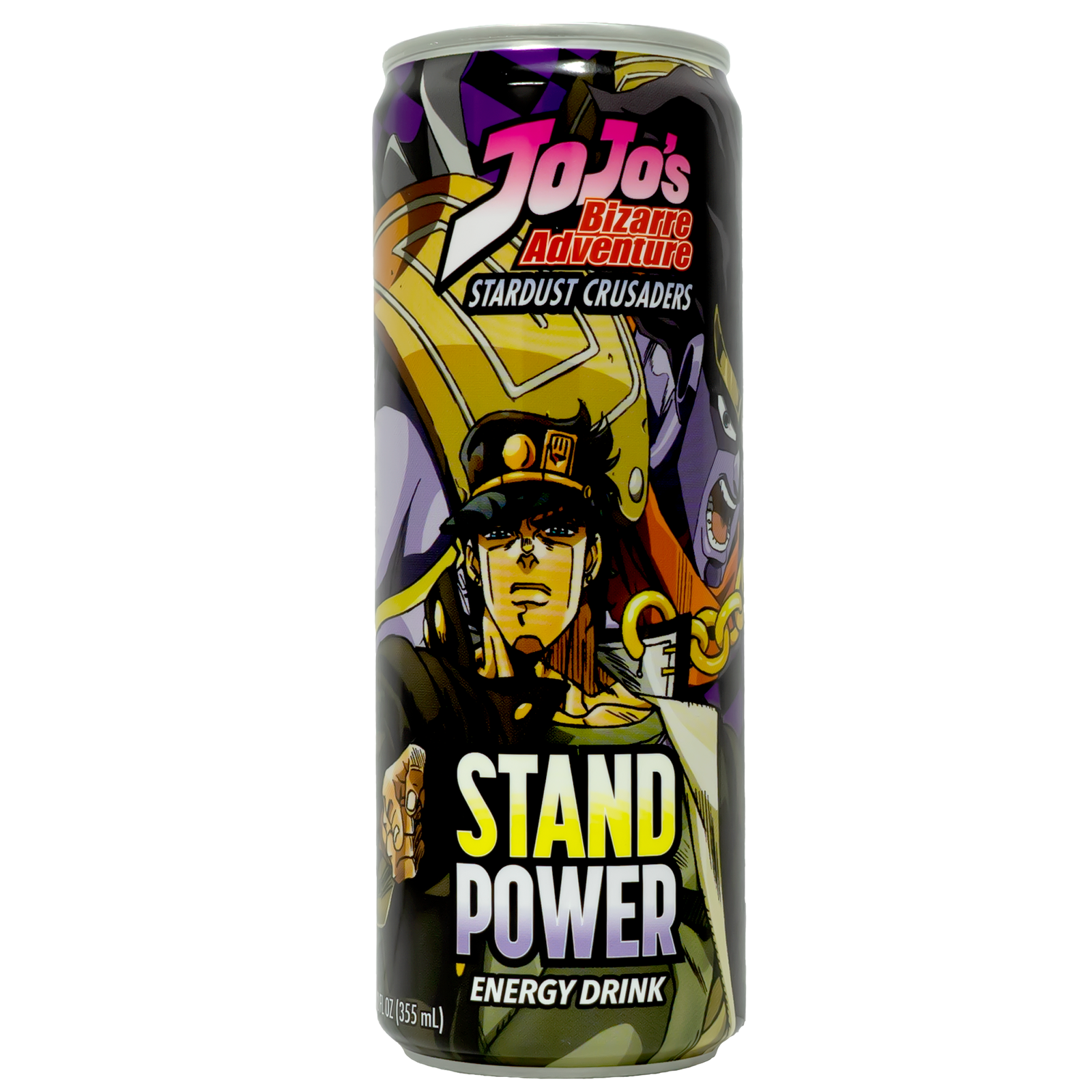 Front view of can. The can features a vibrant and dynamic design with a bold character illustration that exudes power and confidence. The background includes striking colors and patterns that convey energy and intensity, making it visually appealing and eye-catching. The character is depicted in an action pose, adding a sense of excitement and vigor to the packaging.