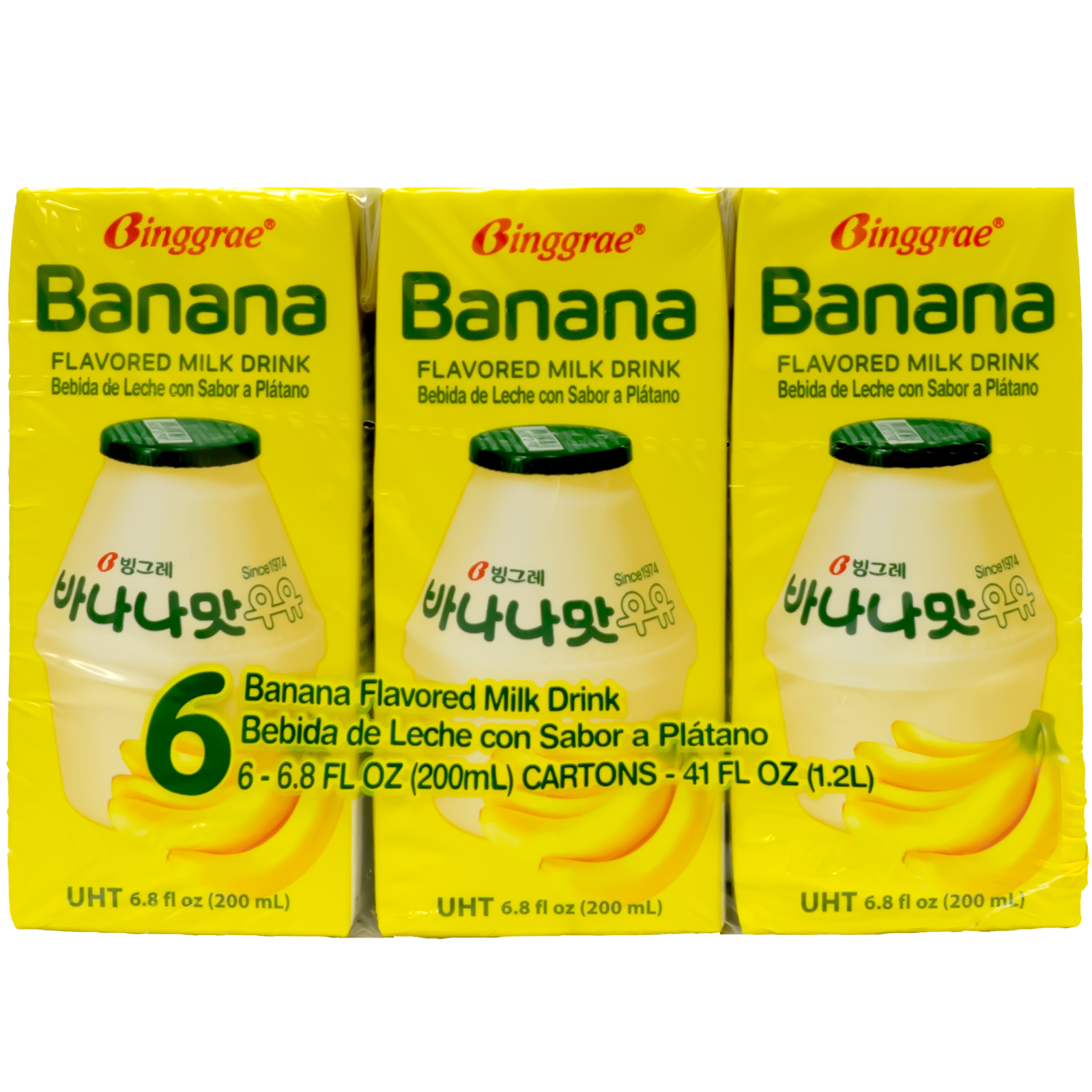 Front view of 6pack. The packaging showcases a vibrant yellow background adorned with playful banana illustrations, capturing the essence of its flavor. The front features an image of a bottle filled with the creamy banana drink, highlighting its appetizing appeal. The text is displayed in bold, green font, making it eye-catching and easy to spot on the shelf.