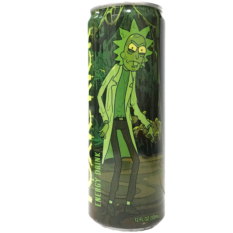 The can features a striking design showcasing a quirky green scientist in a vivid, otherworldly landscape. The character's dynamic pose and intense expression, combined with neon green and dark hues, create an eye-catching and fun look.