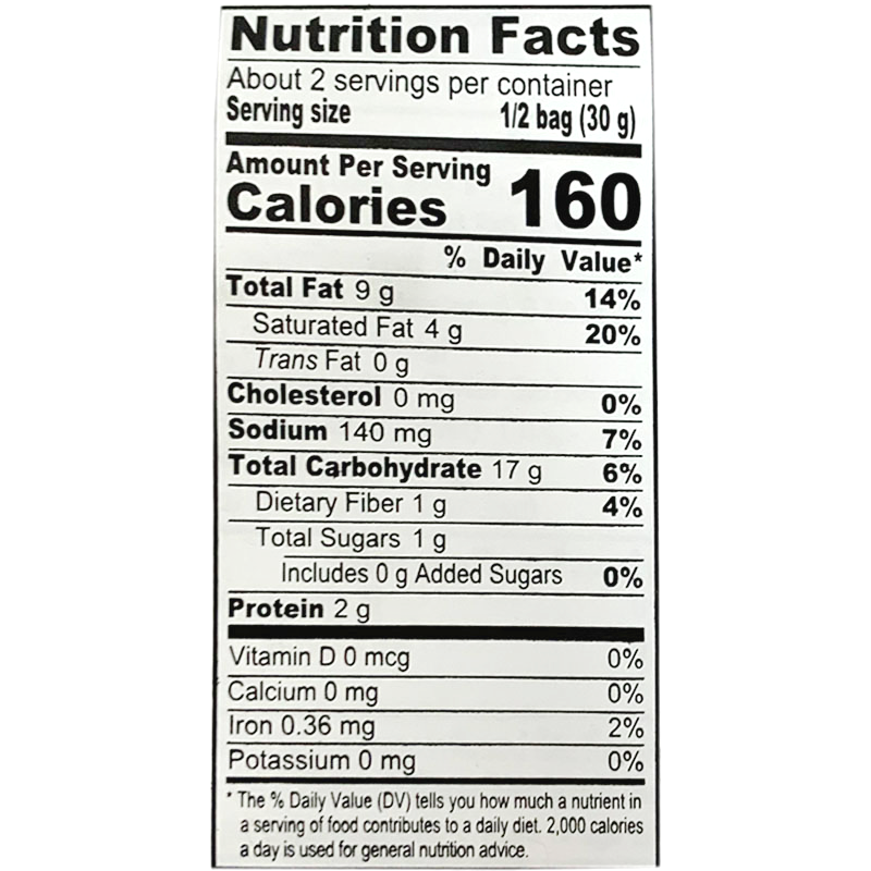 Each serving contains 160 calories, with 9g of total fat, including 4g of saturated fat and 0g of trans fat. There is no cholesterol, and the sodium content is 140mg. Total carbohydrates are 17g, including 1g of dietary fiber and 1g of total sugars, with 0g of added sugars. The protein content is 2g per serving.