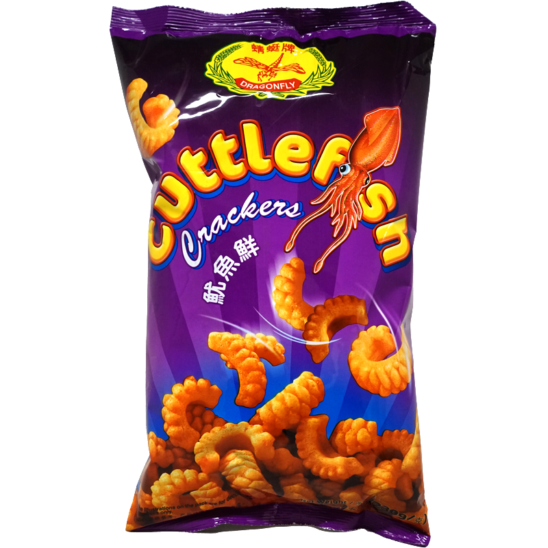 Front of package. The packaging features a vibrant purple background with playful, stylized images of cuttlefish and the crackers themselves, creating an appealing visual that highlights the product's flavor. The brand logo is prominently displayed at the top, ensuring easy recognition.