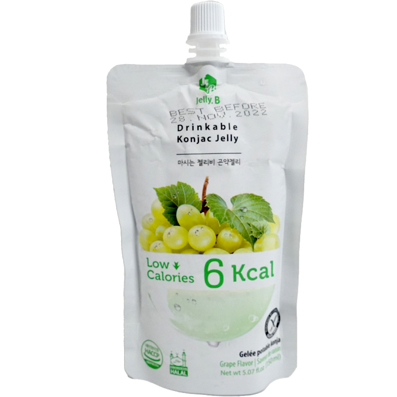 The front view of product. The packaging features a vibrant image of luscious green grapes, conveying freshness and natural taste. The front of the pouch highlights its low-calorie content and convenient squeeze design, making it an appealing choice for health-conscious consumers.