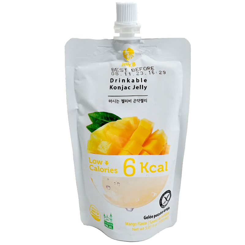 Front view of product. The packaging showcases a vibrant image of juicy mango cubes against a clean white background, highlighting the product’s low-calorie benefit with bold, eye-catching text. The design is minimalistic yet appealing, with green leaves adding a fresh touch.