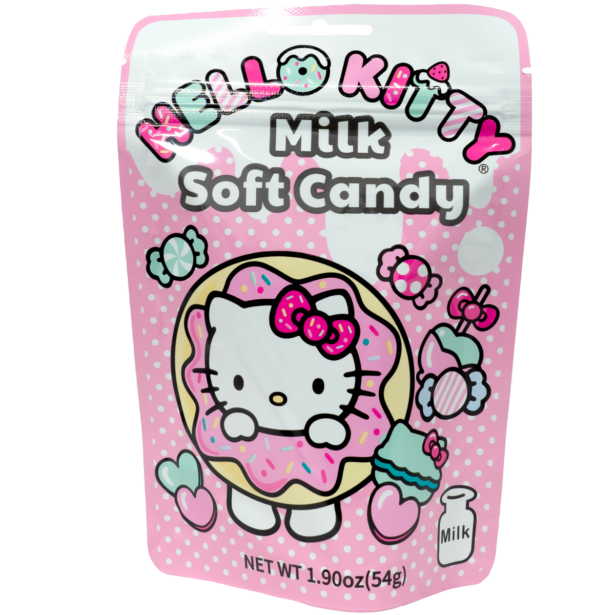 Front view of the package. The packaging features an adorable image of Hello Kitty dressed as a donut with pink frosting and sprinkles. Surrounding her are cute illustrations of candies and hearts, all set against a light pink, polka-dotted background. There&#39;s also a small milk bottle icon in the corner, emphasizing the milk flavor of the candy. The overall design is sweet, playful, and irresistibly charming.