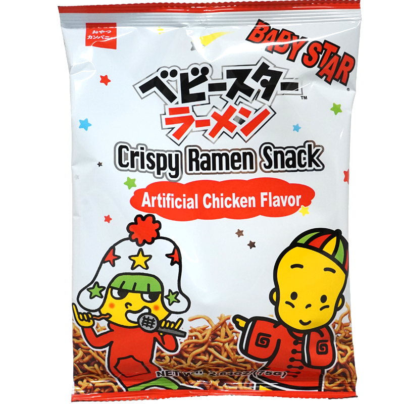 Front of product. The packaging features vibrant and playful characters in colorful outfits, adding a fun and inviting touch. The bright white and red design, adorned with stars, makes it eye-catching and appealing, highlighting the artificial chicken flavor and the crispy texture of the snack.