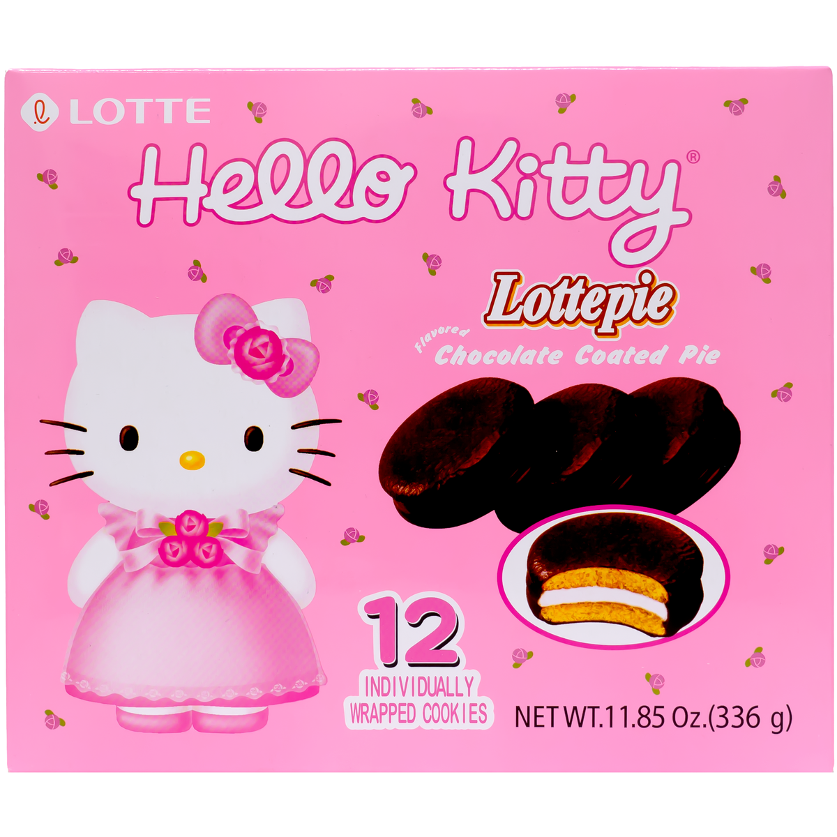 Front view of package. The packaging showcases an adorable and charming design, highlighting the delightful pies inside. The background enhances the product&#39;s appeal with a colorful and playful aesthetic, featuring iconic Hello Kitty imagery that adds a touch of whimsy to the overall presentation.