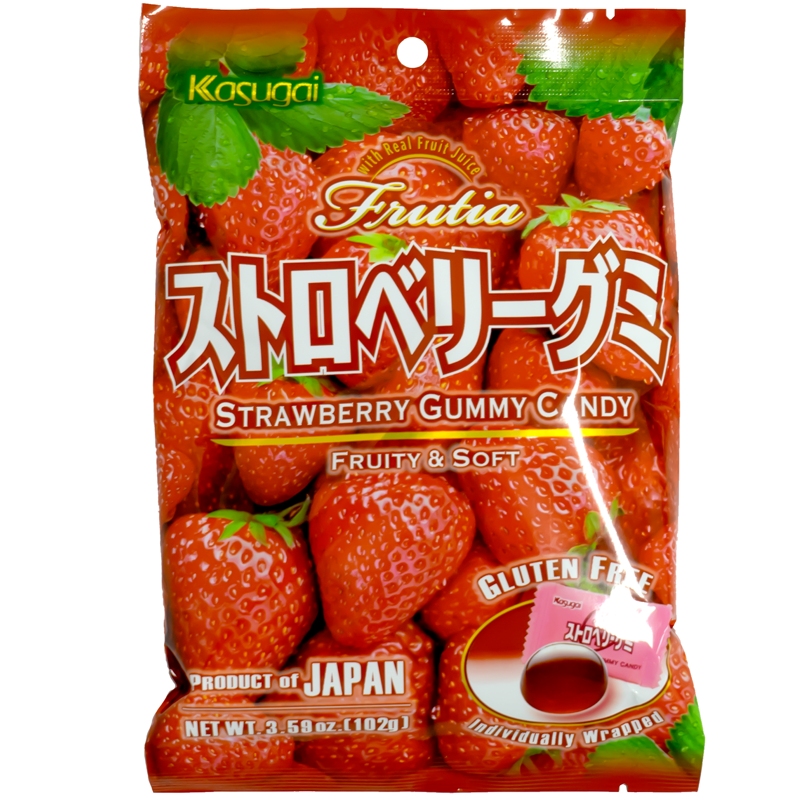 Front view of package. The packaging features a vibrant red design with images of fresh strawberries, highlighting the natural fruit flavor of the gummies inside. The clear window showcases the individually wrapped gummies, emphasizing their convenience and freshness.