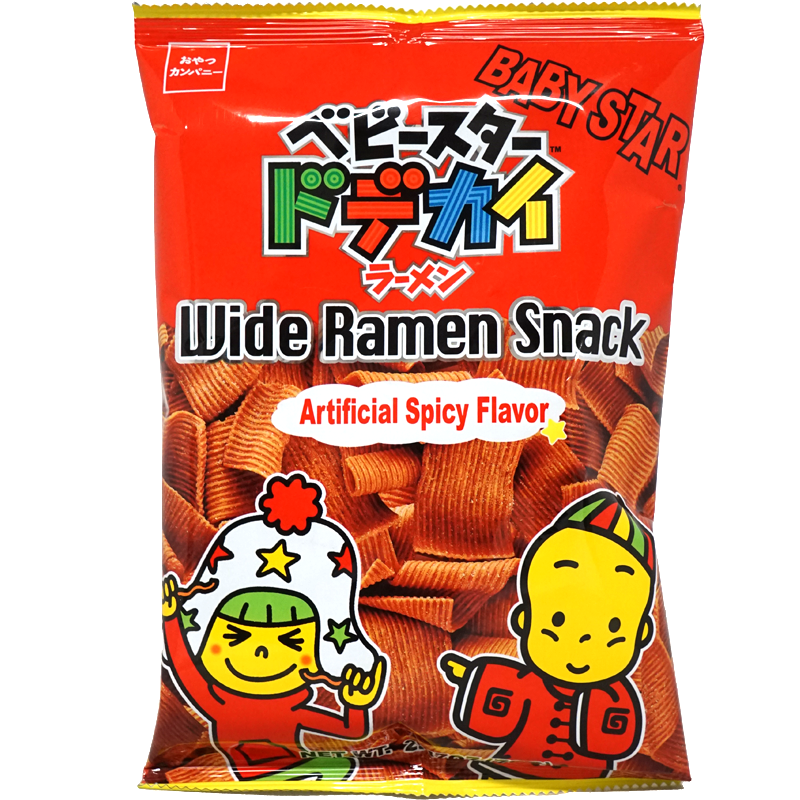 Front view of package. The package features vibrant red colors with playful cartoon characters, one dressed as a chef and another enjoying the snack, conveying a fun and energetic vibe. The clear window on the bottom showcases the actual product inside, ensuring you know exactly what you're getting. The design is eye-catching and emphasizes the spicy flavor with bold graphics and a spicy chili icon.