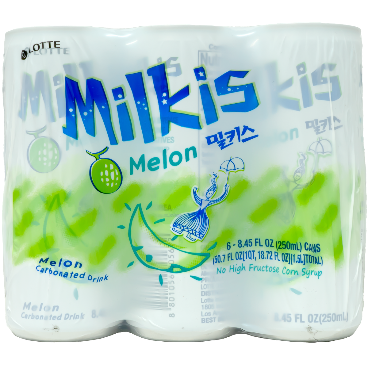 Front view of product. The packaging features vibrant colors with a playful design, showcasing a whimsical character holding an umbrella and a moon with a cheerful face, adding a fun and lively touch. The green melon illustration and clear text make it easy to identify the delicious flavor inside. The pack contains six 250ml cans, ensuring you have plenty to enjoy.