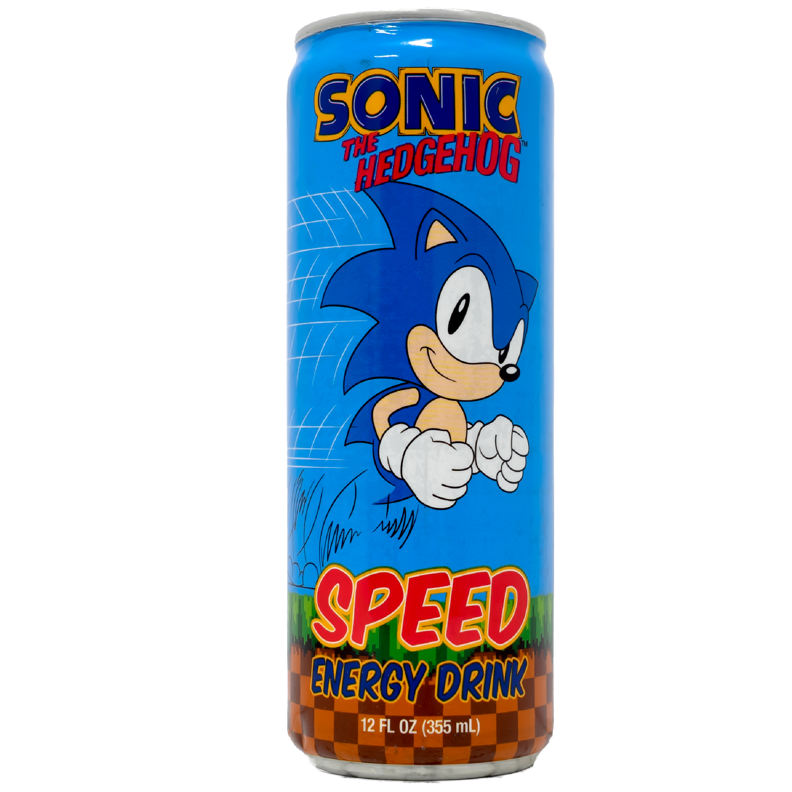 The can features Sonic the Hedgehog in a dynamic running pose against a vibrant blue background, capturing the speed and excitement associated with the iconic character. The bold text and lively graphics make it a standout on any shelf.