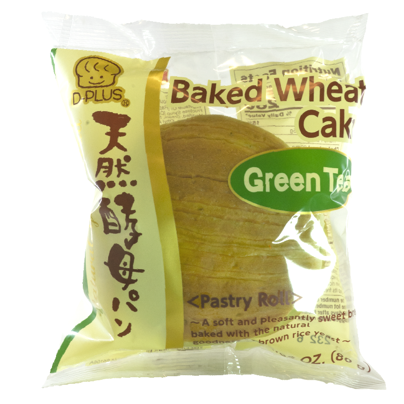 The packaging features an inviting image of the green tea-flavored wheat cake, emphasizing its soft texture and vibrant green color. The design includes green tea leaves and a serene tea setting, highlighting the cake&#39;s refreshing and authentic green tea flavor. The attractive visuals make it an irresistible choice for any shopper.