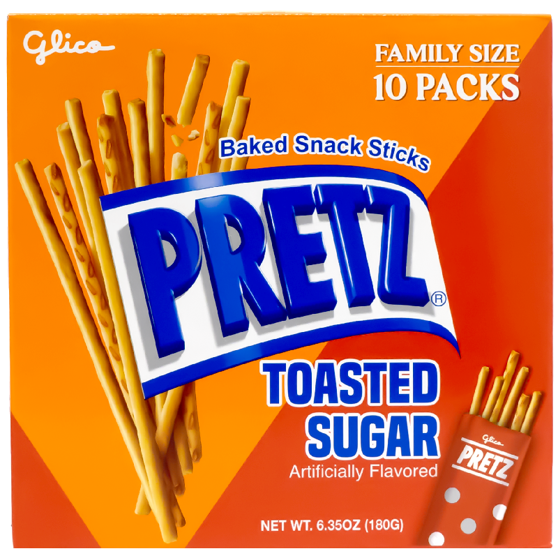 Front view of package. The packaging showcases an inviting display of the baked snack sticks in toasted sugar flavor, highlighting their slender and crispy texture. The background enhances the product's appeal with a warm and comforting aesthetic, making it ideal for sharing at gatherings or enjoying as a delightful snack anytime.