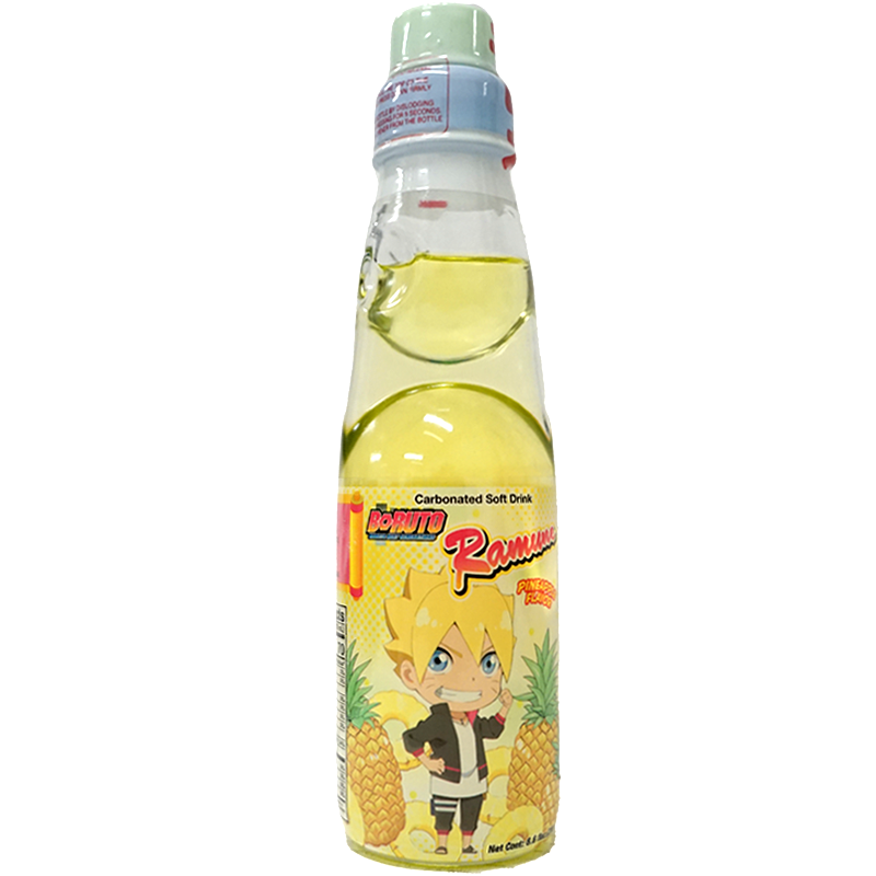 Front view of bottle. The bottle features an energetic and playful design with a vibrant yellow color scheme. It showcases a cheerful character in a dynamic pose, surrounded by illustrations of fresh pineapples, evoking a sense of fun and excitement. The bottle cap has a traditional marble seal, adding a touch of novelty and nostalgia.