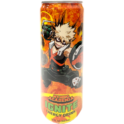 The can features a dynamic image of Bakugo, one of the iconic characters from My Hero Academia, ready for action against a fiery backdrop. The vibrant orange and yellow flames around Bakugo's powerful pose create a sense of energy and excitement, making this drink not just a beverage, but a collector's item for fans.