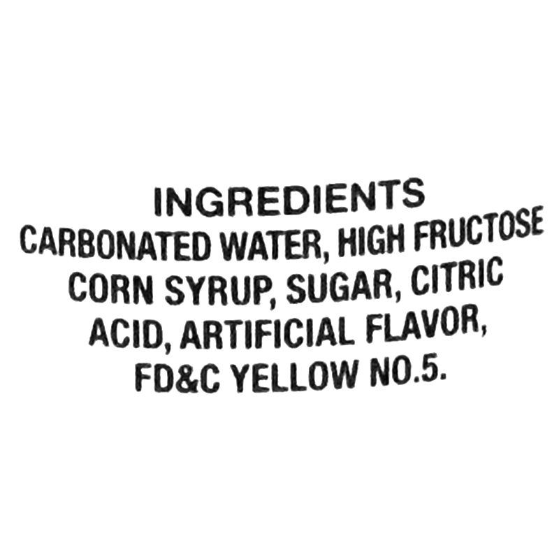 The drink is made with carbonated water, high fructose corn syrup, sugar, citric acid, artificial flavor, and FD&amp;C Yellow No. 5.