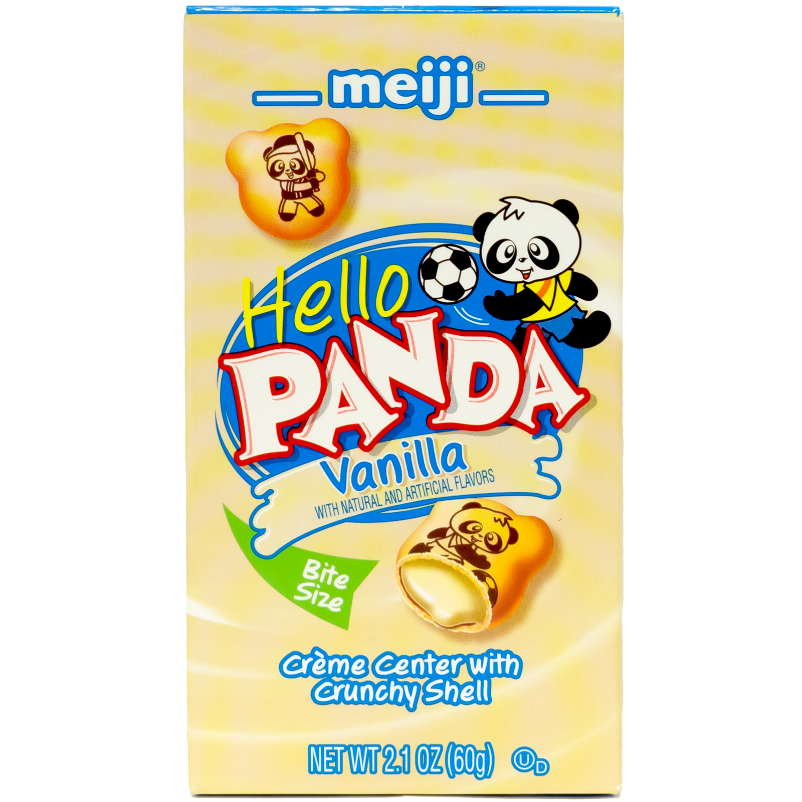 Front view of package. The packaging features a playful panda character engaging in various activities, surrounded by a vibrant blue and yellow color scheme. The cookies themselves are depicted with their creamy centers exposed, inviting you to enjoy the deliciousness inside.