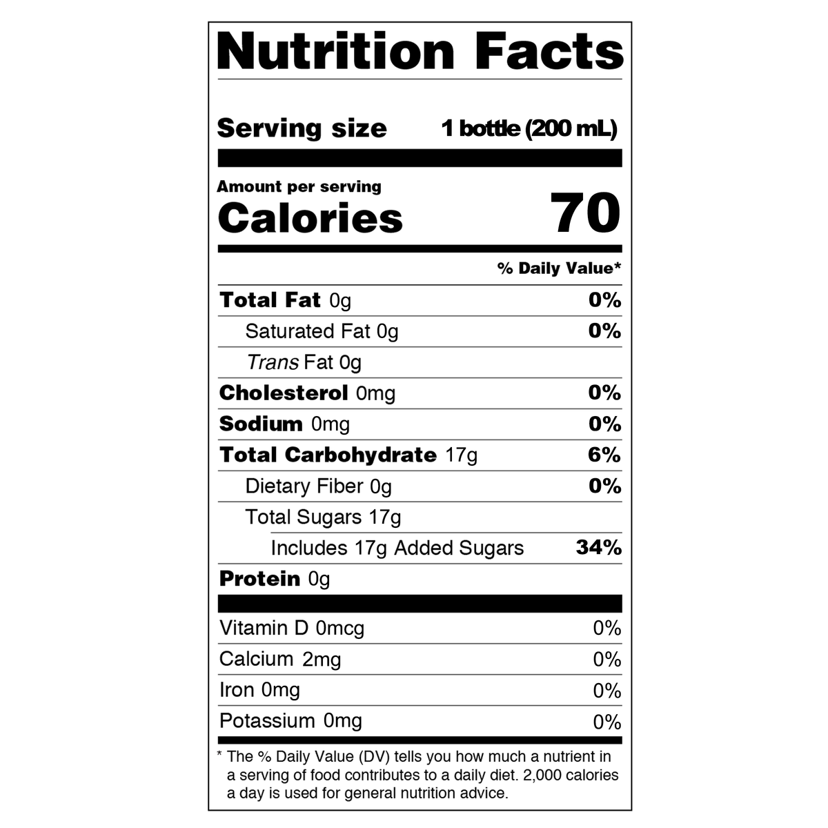 Each 6.6 fl oz (200ml) serving contains 70 calories, with 0g of total fat, 0g of saturated fat, 0g of trans fat, 0mg of cholesterol, 0mg of sodium, 17g of total carbohydrates, 0g of dietary fiber, and 17g of sugars. This beverage provides 0g of protein.