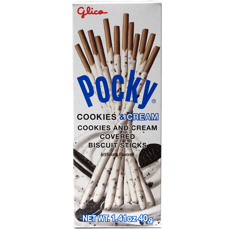 Front view of package. The packaging showcases a charming display of the cookies cream-covered biscuit sticks, highlighting their slender and elegant design. The background enhances the product's appeal with a modern and inviting aesthetic, making it ideal for enjoying as a snack or sharing with friends.