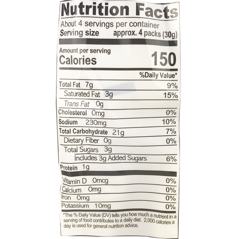 Nutrition label of the food product, listing detailed nutritional information per serving size of 4 packs. It includes 150 calories, 7g total fat, 3g saturated fat, 0g trans fat, 0mg cholesterol, 230mg sodium, 21g total carbohydrate, 0g dietary fiber, 3g total sugars includes 3g added sugars, 1g protein