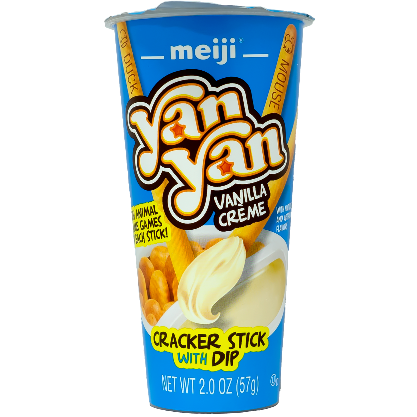 Front view of package. The packaging features a vibrant blue cup, adorned with images of the cracker sticks dipping into the luscious vanilla creme. Playful animal-themed graphics add a fun and engaging element to the design, making it appealing to both kids and adults. The clear branding and enticing visuals promise a delicious and enjoyable snack experience.