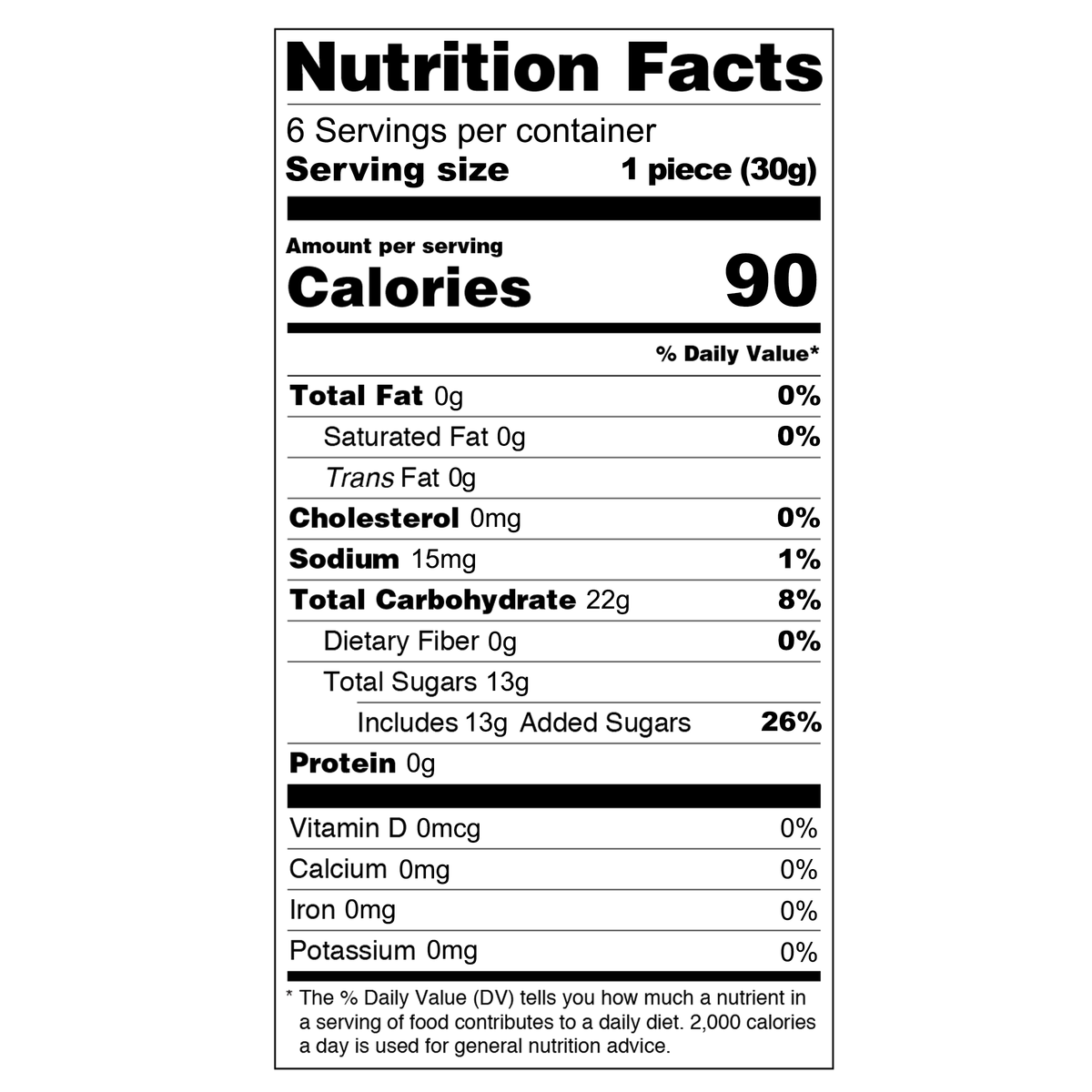 Each piece (30g) contains 90 calories, with 0g of total fat, 0g of saturated fat, and 0mg of cholesterol. It has 15mg of sodium, 22g of total carbohydrates, and 13g of total sugars, including 13g of added sugars. This treat also provides 0g of protein.