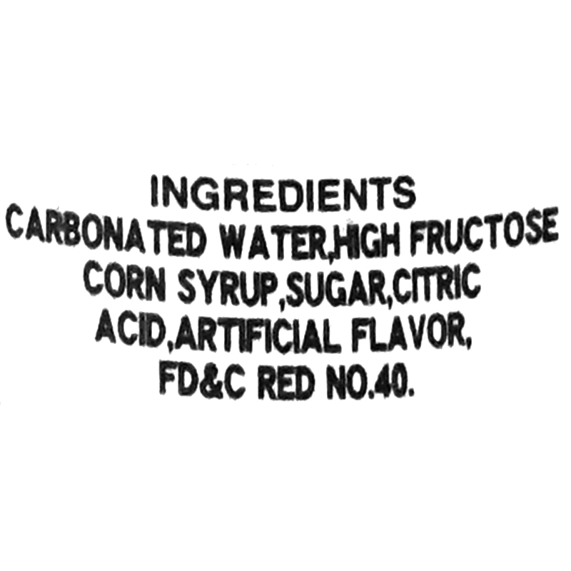 Carbonated water, high fructose corn syrup, sugar, citric acid, artificial flavor, and FD&amp;C Red No.40.